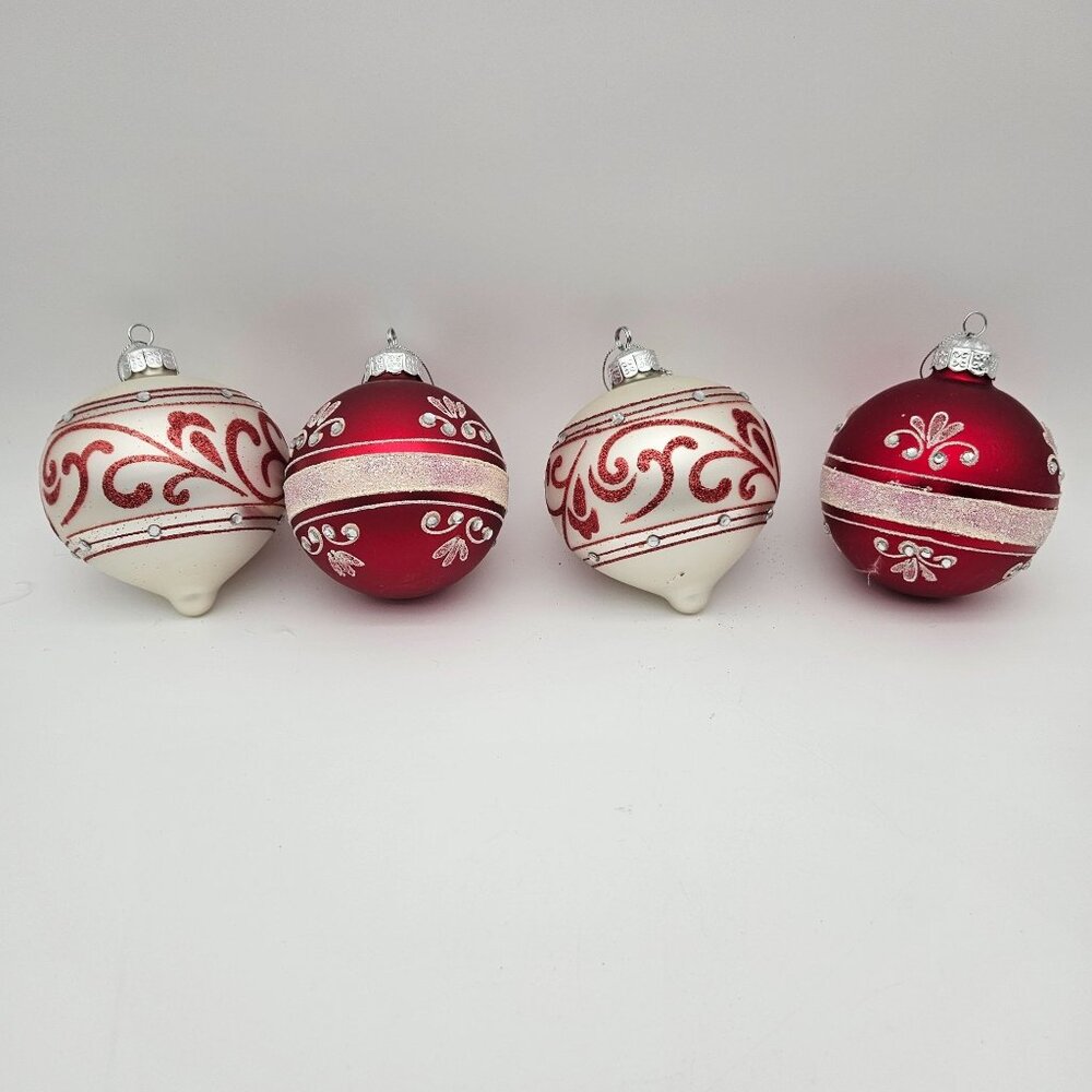 Lot of 4 Pearl White & Red Large 4" Glitter Rhinestone Glass Christmas Ornaments